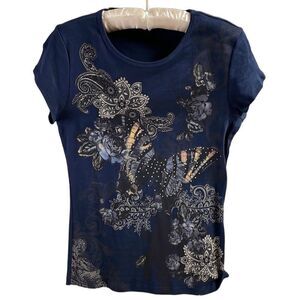 BLEU Ladies Floral Embellished Butterfly Scoop Neck Top Witchy Goth Grunge SizeS